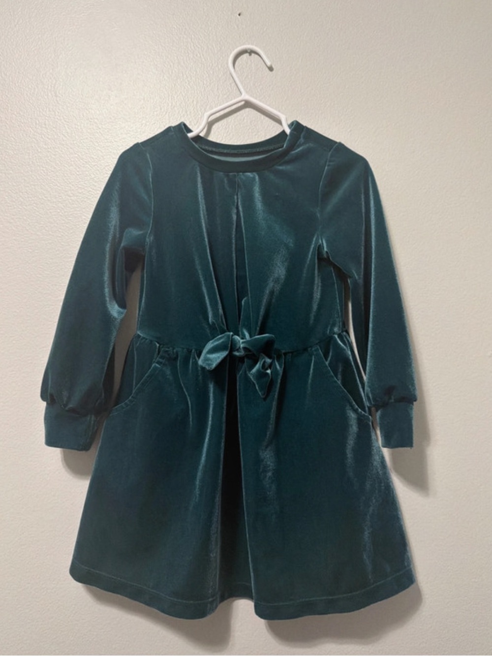 Cat & Jack Teal Velvet Bow-Waist Long-Sleeve Dress